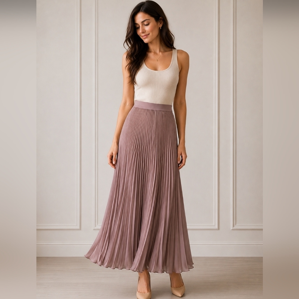 BCBG MaxAzria Maxi Beige Rose Pleated Skirt in Size L